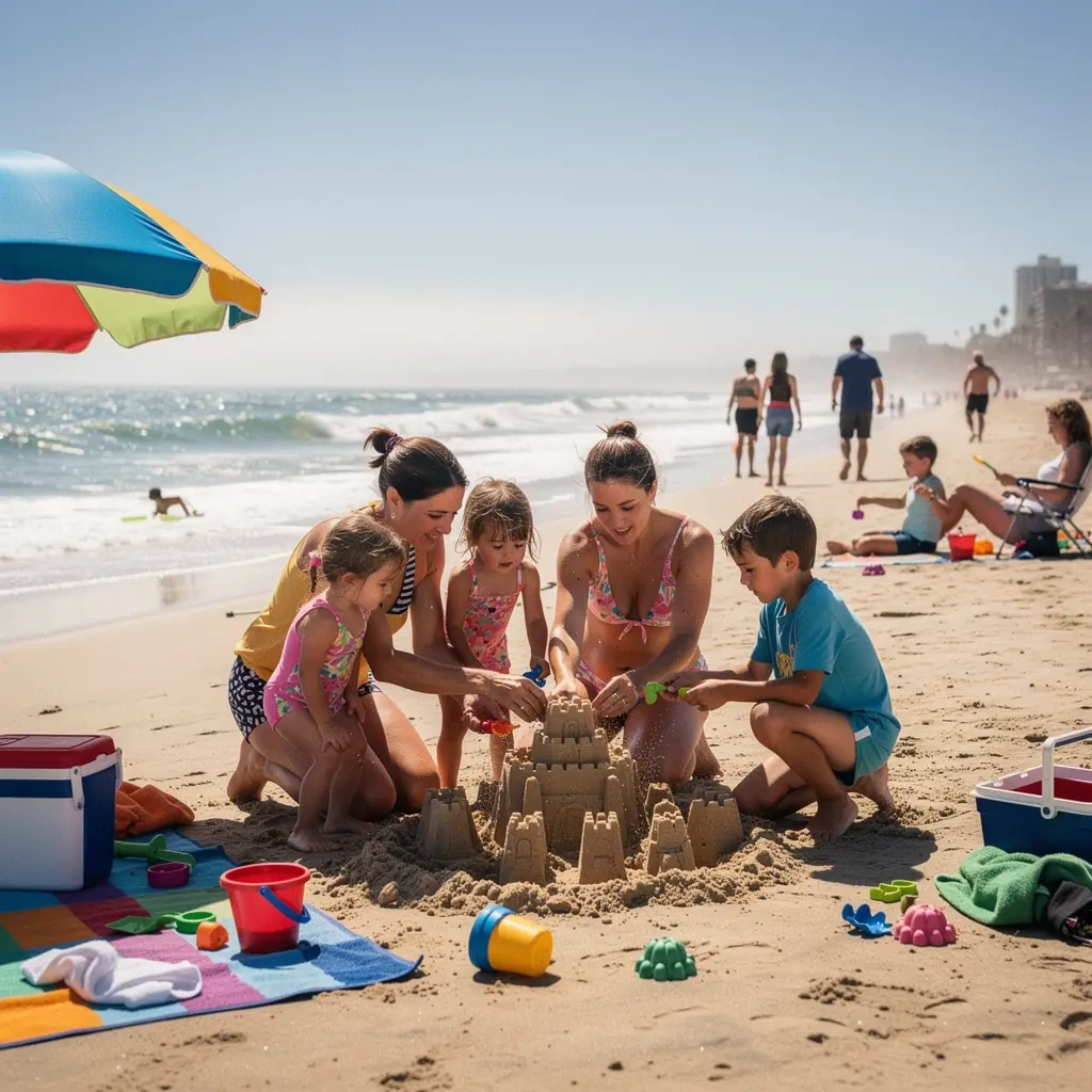Rodzina spędzająca czas na plaży, ciesząca się wspólnym relaksem.